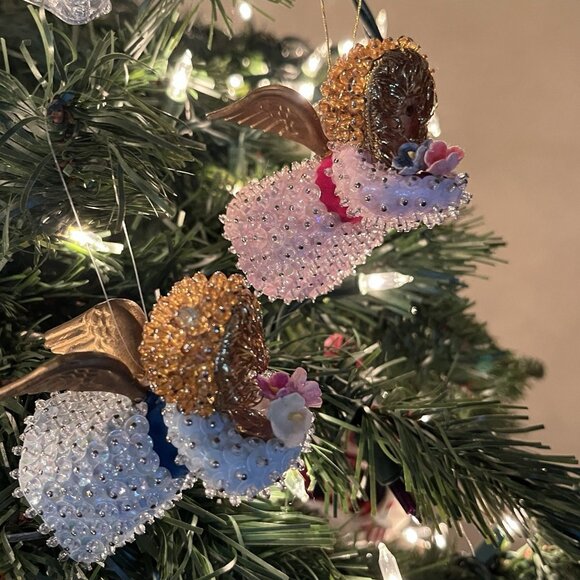 Vtg Sequin Push Pin Christmas Ornament Angel Blue Boy Pink Girl Brother Sister - Picture 2 of 12